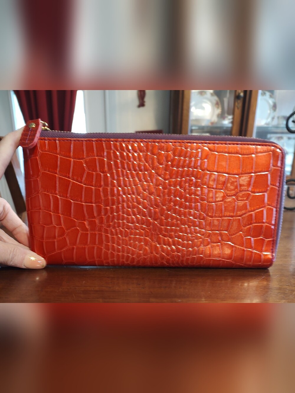 Red Croc-Embossed Zip Wallet